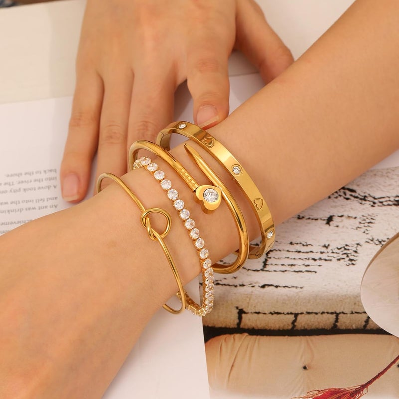 FAFUGA 18 K Gold Plated Love Bangle Bracelet Stack Cuff Jewelry for Women Jewelry Set for Women Gift with Box - Image 3